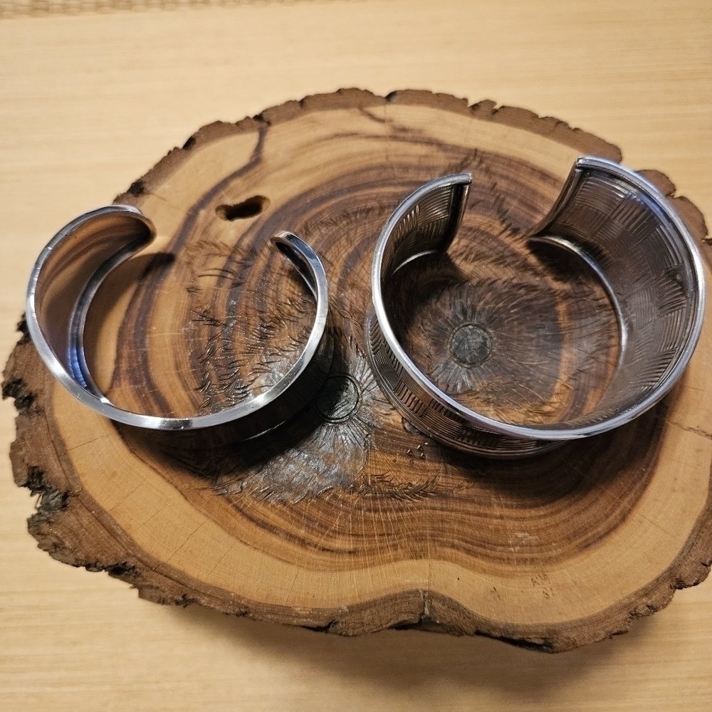 Two Bangles Bracelets Woven Silver Tone Boho - image 3